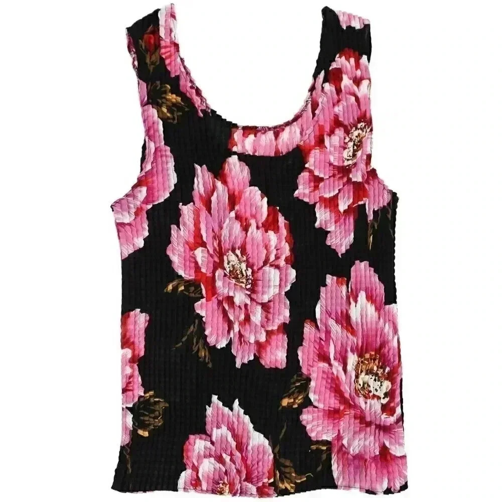 00s Black Pink Floral‎ Pleated Tank Top Size Medium Summer Floral Print Top